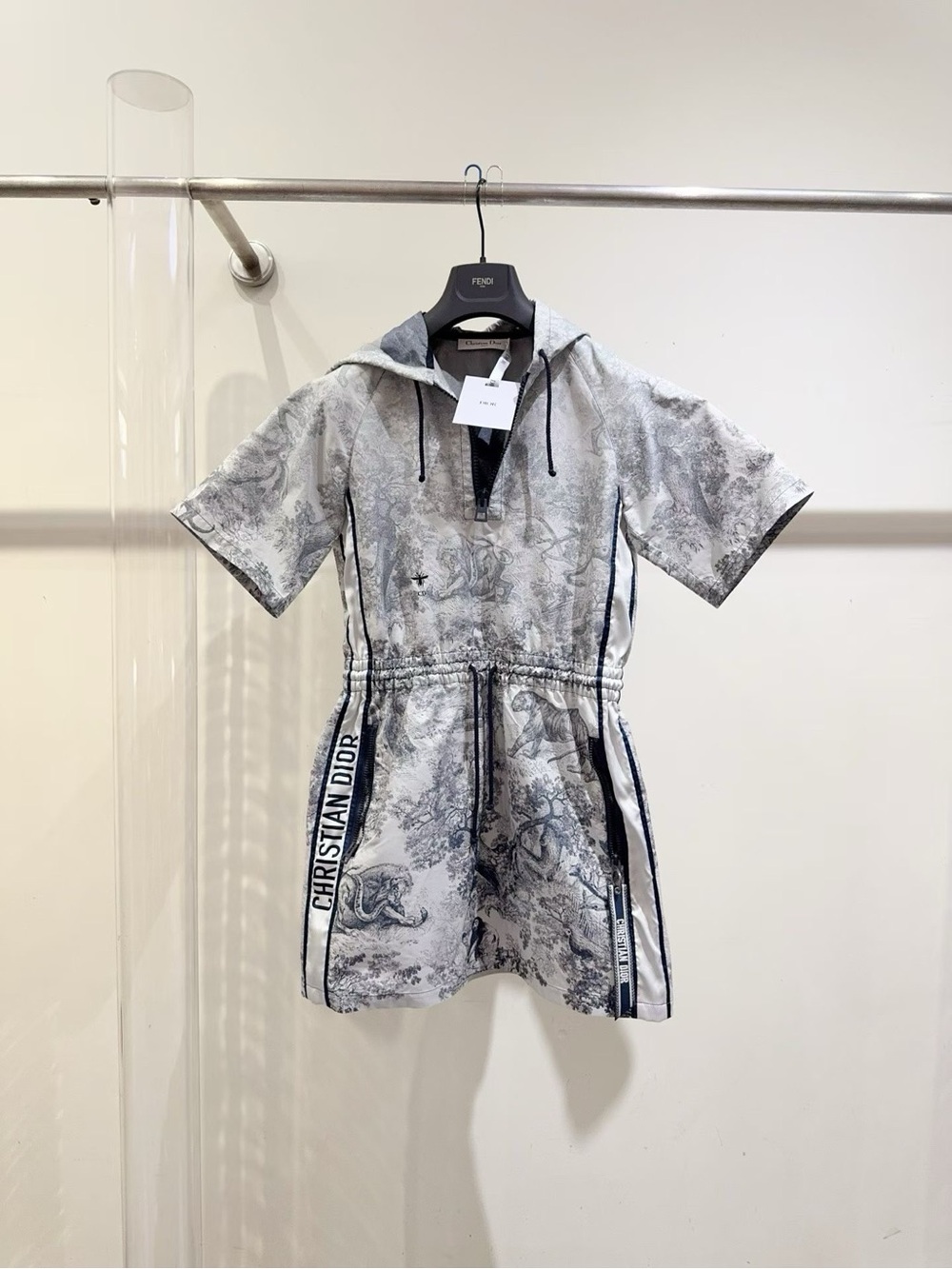 Dior Hooded Short Sleeve Dress in White and Gray Toile